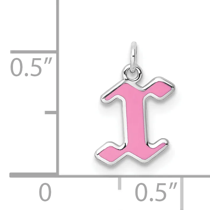 Pink enameled initial I pendant with silver-tone metal outline and loop, shown next to a ruler indicating approximately 0.5 inches in height and width.