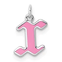 Silver pendant charm shaped like the letter I with pink enamel filling and a loop bail at the top.