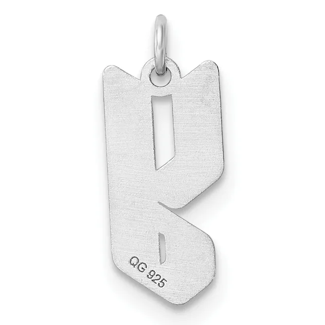 Sterling silver pendant in the shape of the letter K with a polished finish and a small stamped hallmark on the lower portion.