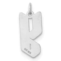 Sterling silver pendant in the shape of the letter K with a polished finish and a small stamped hallmark on the lower portion.