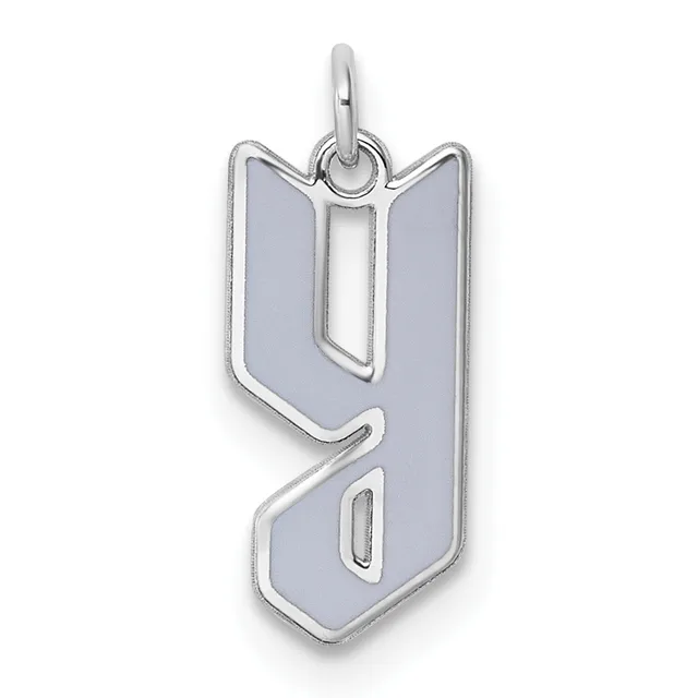 Silver pendant charm shaped like the number nine with a light blue or gray enamel fill and a loop at the top for hanging.