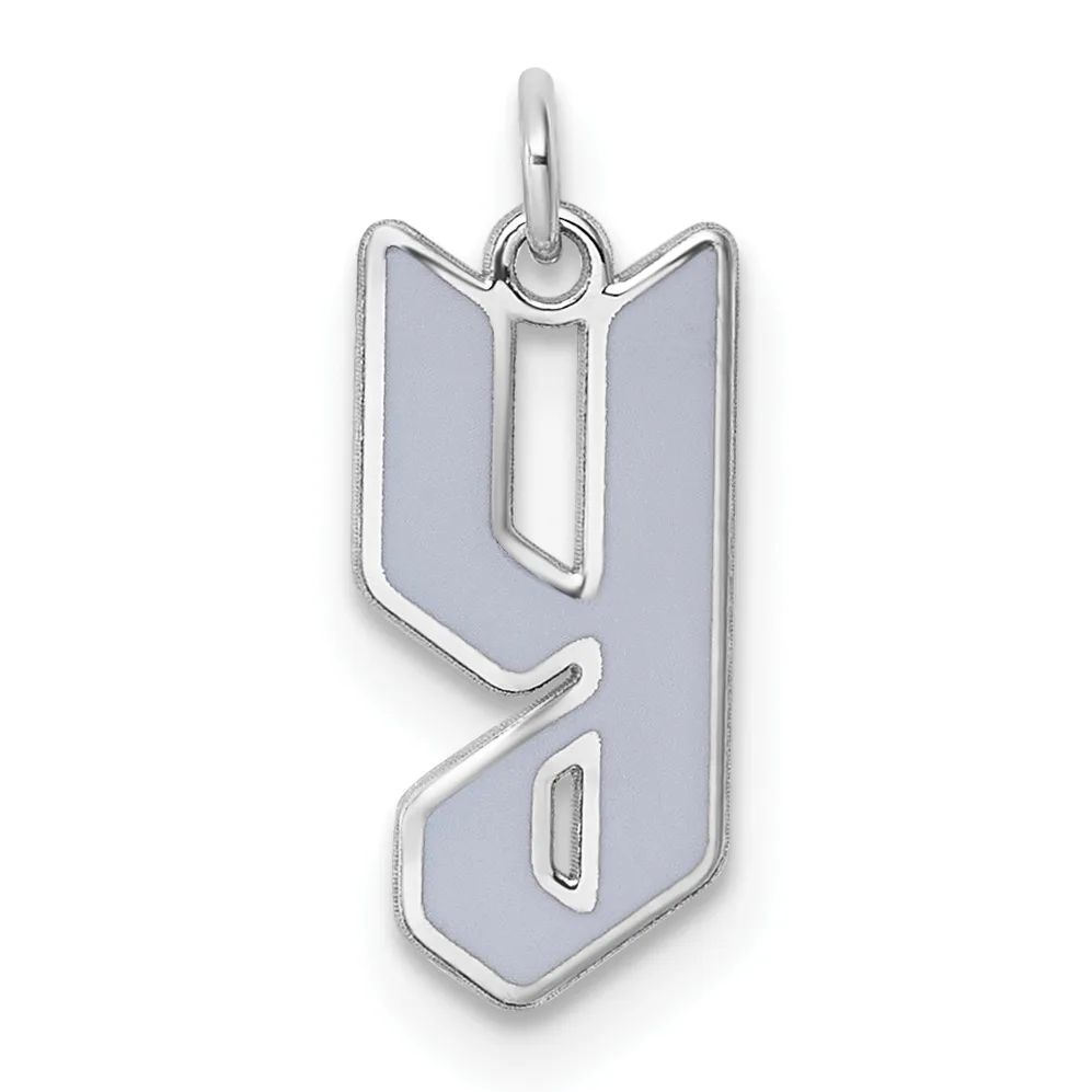 Silver pendant charm shaped like the number nine with a light blue or gray enamel fill and a loop at the top for hanging.