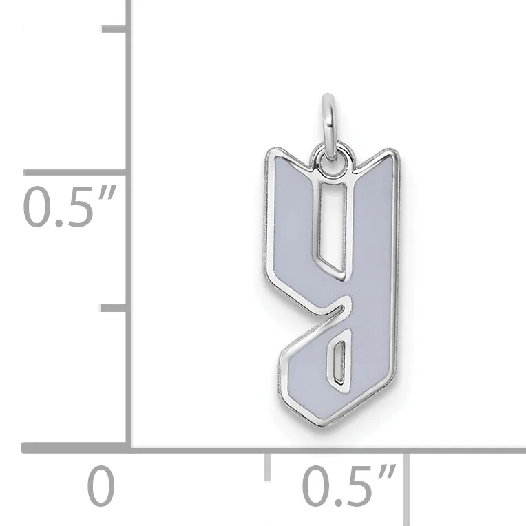 Silver pendant shaped like the letter "y" with a polished finish, shown next to a ruler indicating approximately 0.5 inches in height.