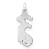 Silver pendant in the shape of a stylized number five with a rounded, organic form and a small stamped hallmark on the lower portion.