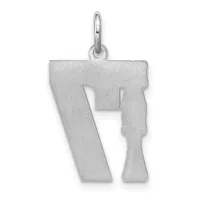 Silver pendant in the shape of the letter P with a cutout negative space in the center, suspended from a small loop bail.
