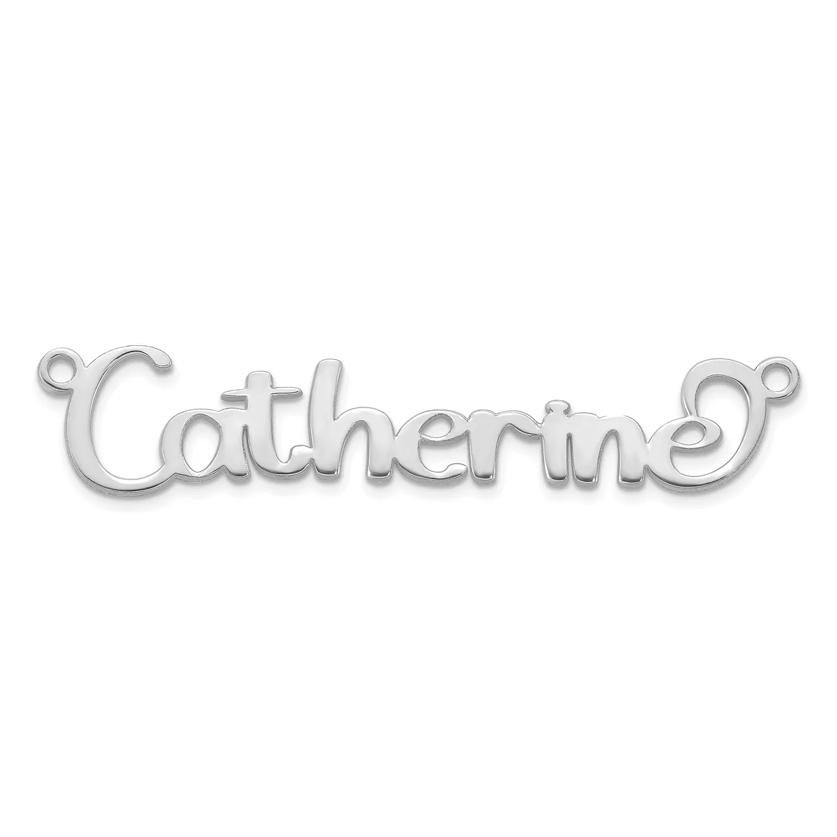 A silver-toned metal connector pendant with the word "Catherine" in cursive script, featuring decorative loops at each end.