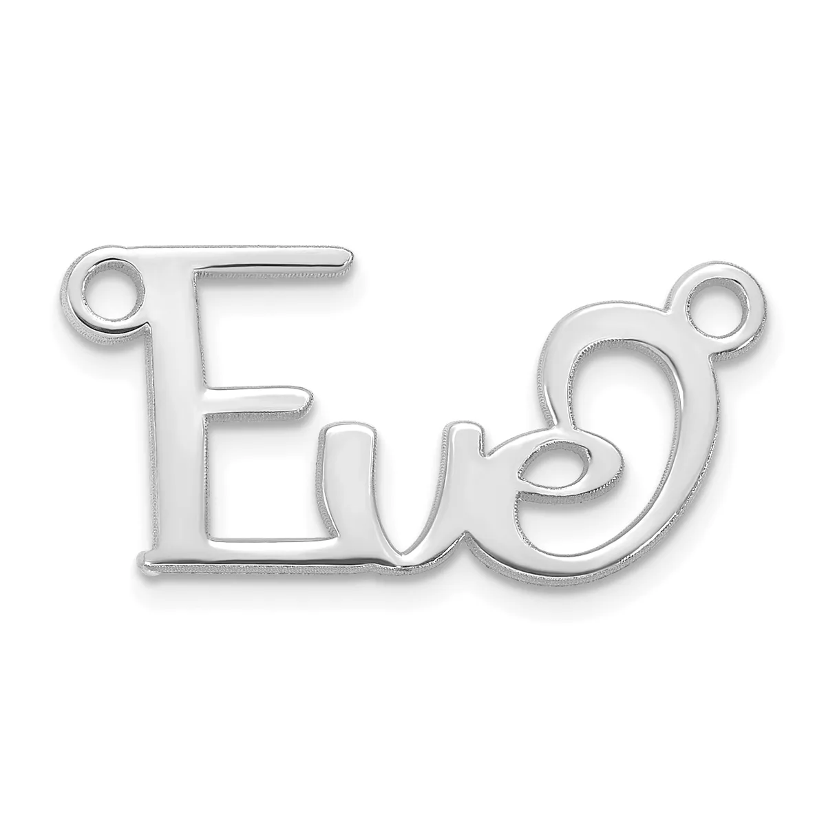 Silver-toned metal charm with the word "Eve" in cursive script, featuring small loop attachments at each end for hanging or connecting to jewelry.