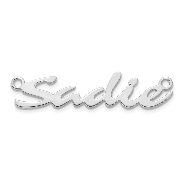 A silver-toned metal nameplate pendant spelling "Sadie" in a flowing script font with two small loops at either end for attachment.