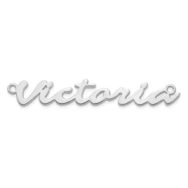 Silver-toned metal nameplate charm or pendant spelling "Victoria" in cursive script with small loops at each end for attachment.
