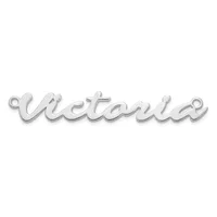 Silver-toned metal nameplate charm or pendant spelling "Victoria" in cursive script with small loops at each end for attachment.