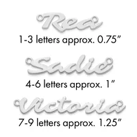 Three silver script name pendants with jump rings, labeled by letter count and approximate size: 0.75" for 1-3 letters, 1" for 4-6 letters, and 1.25" for 7-9 letters.