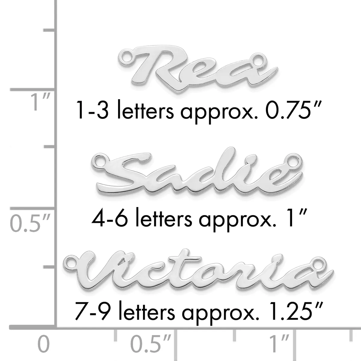 A size chart showing three silver charm pendants with measurement examples: "Red" at 0.75 inches for 1-3 letters, "Shellie" at 1 inch for 4-6 letters, and "Victoria" at 1.25 inches for 7-9 letters.