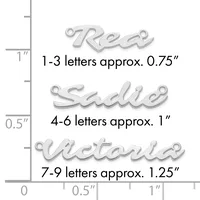 A size chart showing three silver charm pendants with measurement examples: "Red" at 0.75 inches for 1-3 letters, "Shellie" at 1 inch for 4-6 letters, and "Victoria" at 1.25 inches for 7-9 letters.