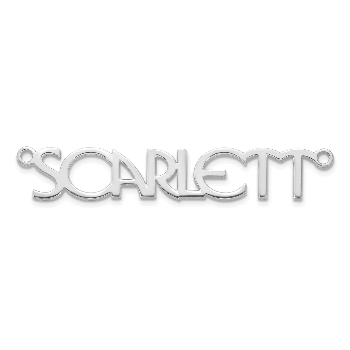 A silver-colored metal connector charm with the word "SCARLETT" cut out in an open design, featuring small loops on each end.