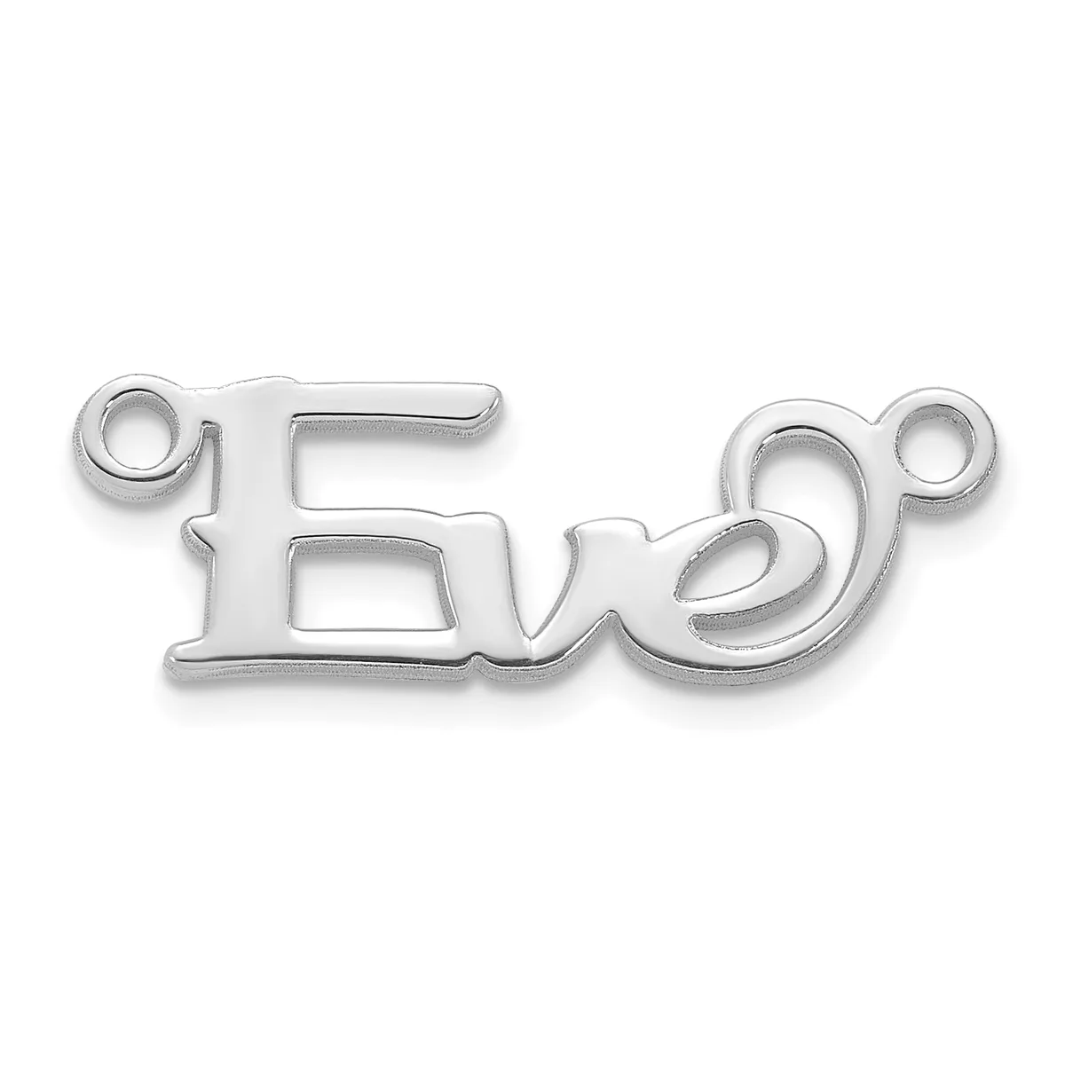 Silver-colored metal pendant charm shaped like the word "love" with small loops at each end for attachment.