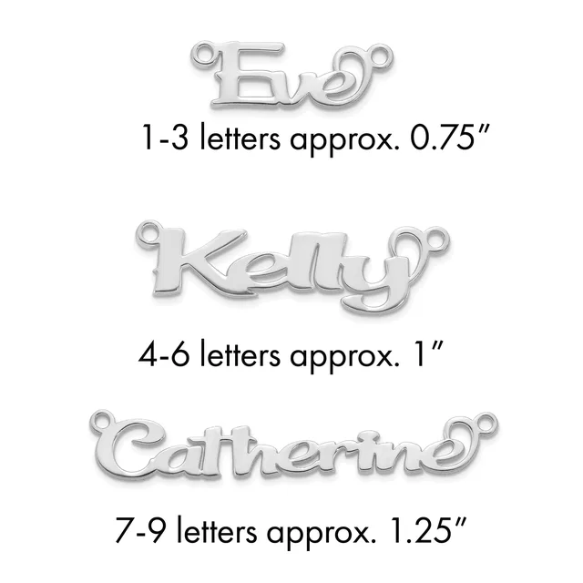 Three silver-toned metal name charms with jump rings, labeled by letter count and approximate width measurements.