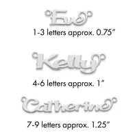 Three silver-toned metal name charms with jump rings, labeled by letter count and approximate width measurements.