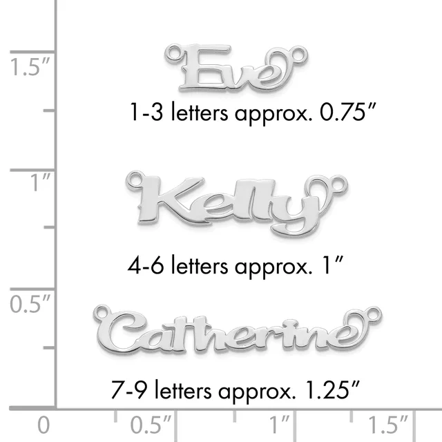 Size comparison chart showing three silver name pendants with measurement scale, displaying approximate widths of 0.75 inches for 1-3 letters, 1 inch for 4-6 letters, and 1.25 inches for 7-9 letters.