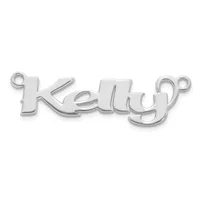 Silver-toned metal nameplate pendant spelling "Kelly" in cursive script with small loop attachments at each end.