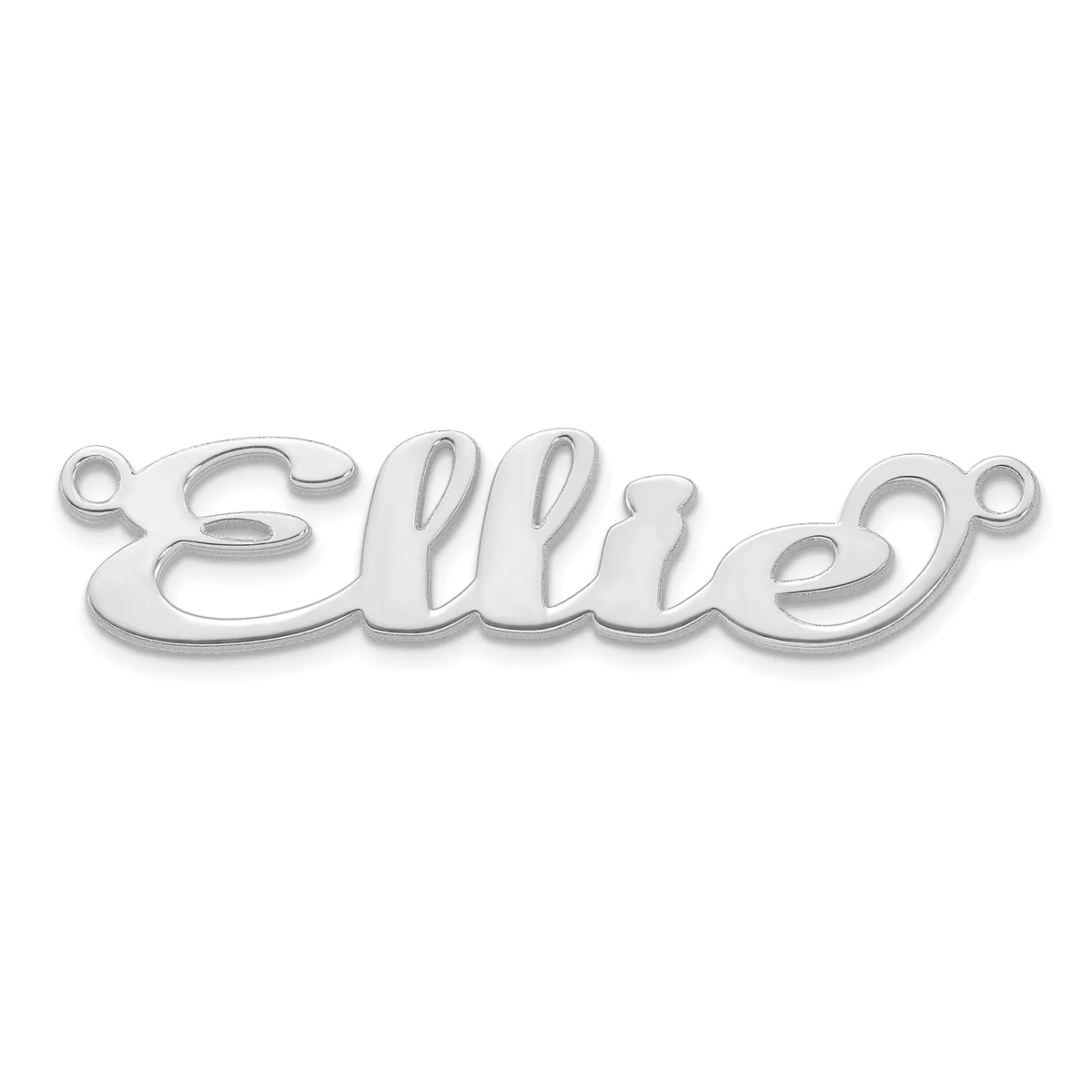 A silver-toned metal nameplate pendant spelling "ellie" in cursive script with small loops at each end for attachment.