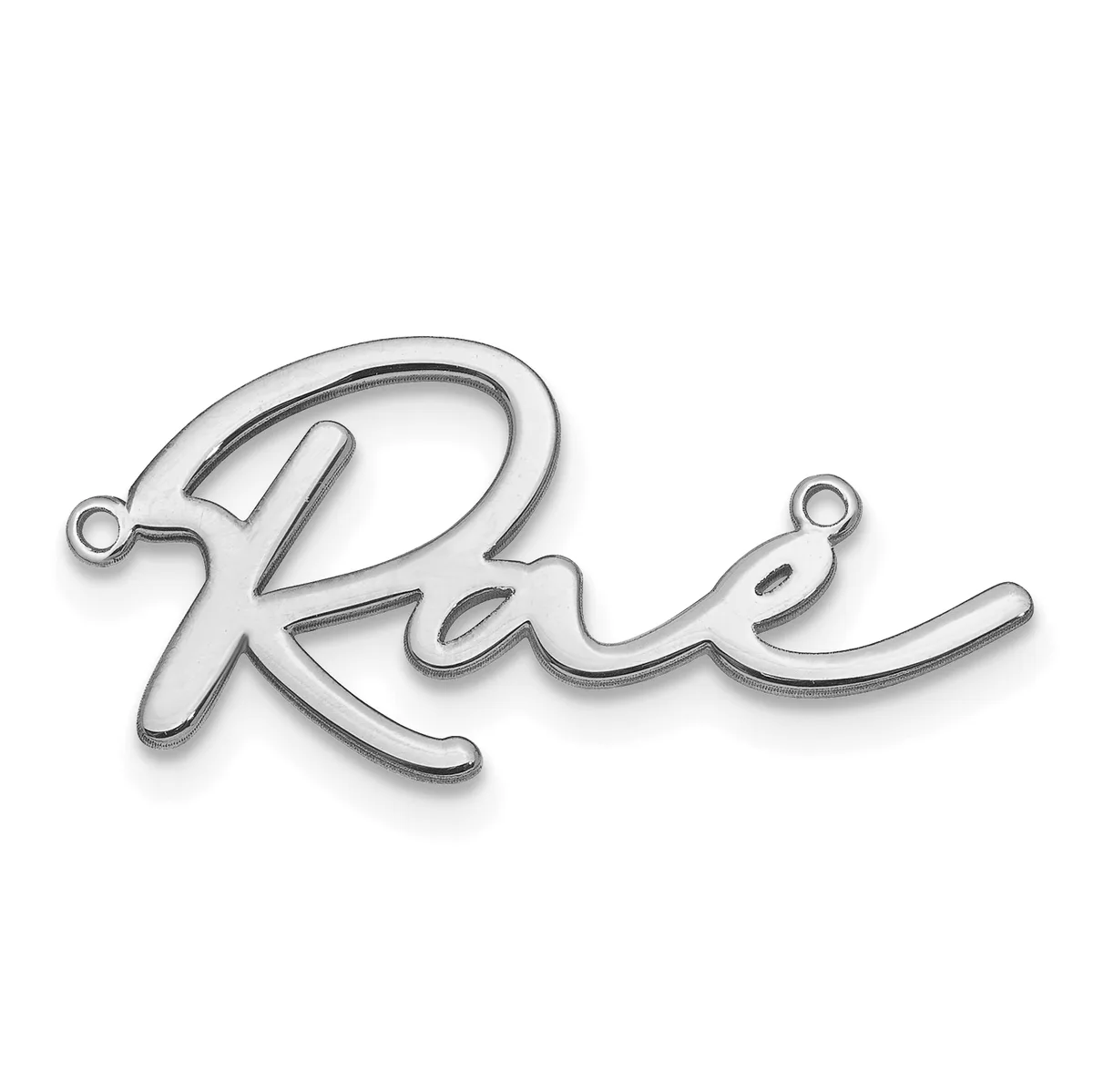 A silver-toned metal pendant charm shaped like cursive script with small loops at each end for attachment.