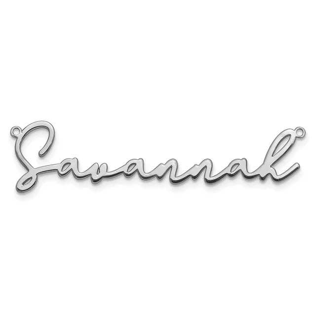 A silver-colored metal nameplate pendant spelling "Savannah" in cursive script with small loops at each end for hanging.