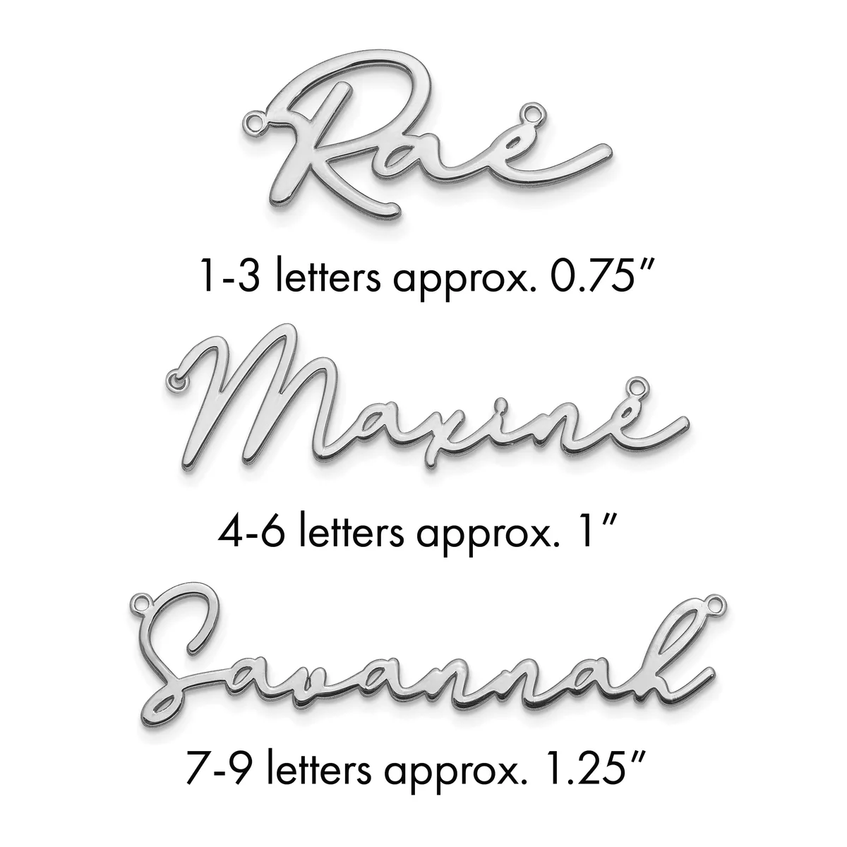 Three silver-toned wire name pendants showing size options: one to three letters at 0.75 inches, four to six letters at 1 inch, and seven to nine letters at 1.25 inches.