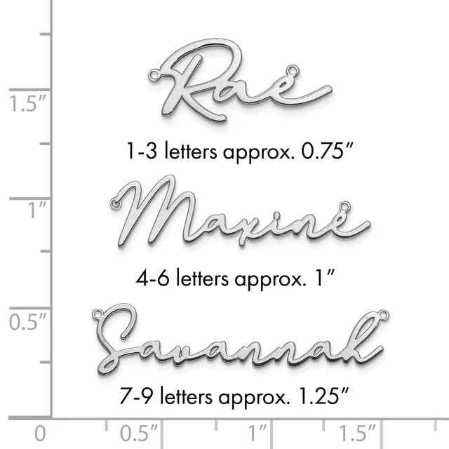 Three examples of script letter pendants shown against a ruler, ranging from approximately 0.75 inches to 1.25 inches in height, displayed with small loops at the top for hanging.