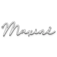 A silver pendant spelling "Maxine" in cursive script with small loops at each end for attachment.