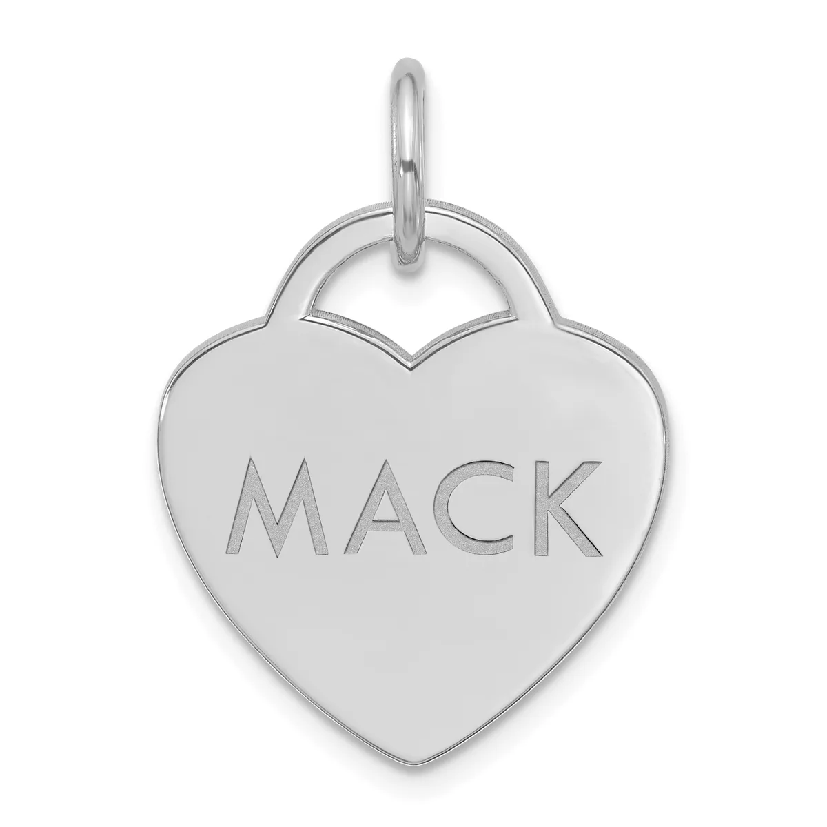 Silver heart-shaped pendant with the name "MACK" engraved on the front surface and a loop bail at the top.