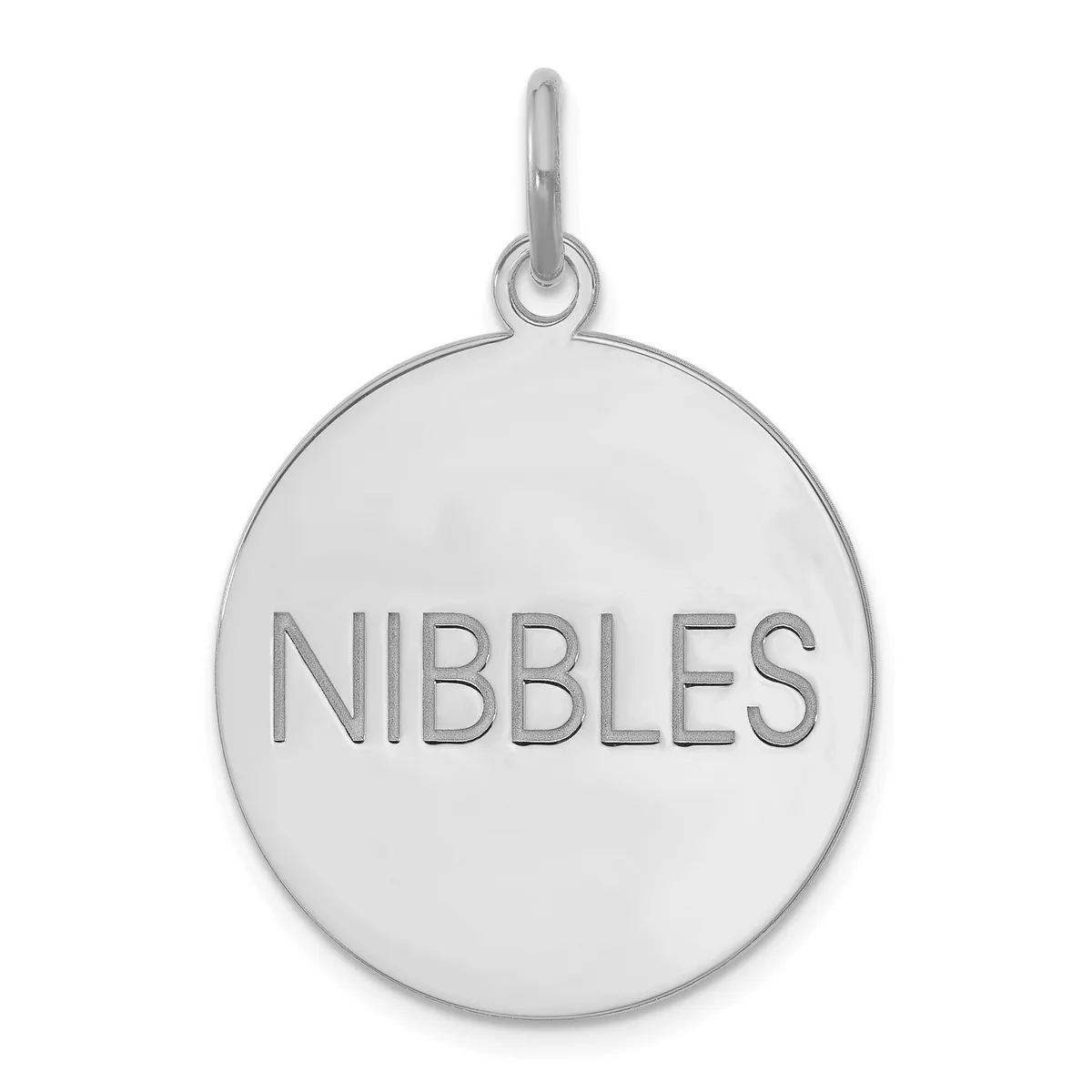 Silver-toned circular pendant with the word "NIBBLES" engraved on its surface, attached to a small loop bail at the top.