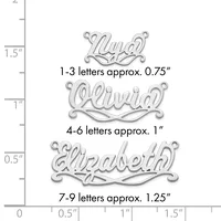 Three silver name pendants displayed against a measurement ruler showing their relative sizes: a small pendant for 1-3 letters, a medium pendant for 4-6 letters, and a larger pendant for 7-9 letters.
