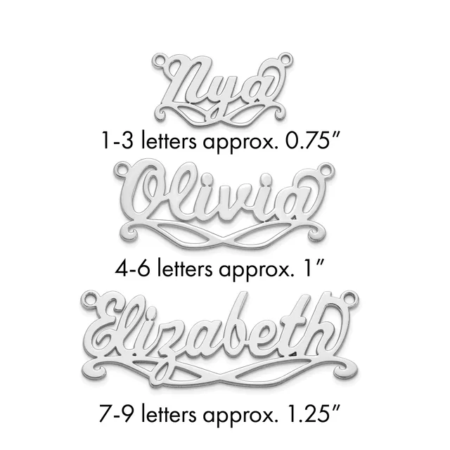Three silver name pendants with decorative flourishes shown in increasing sizes, labeled with character counts and approximate widths ranging from 0.75 to 1.25 inches.