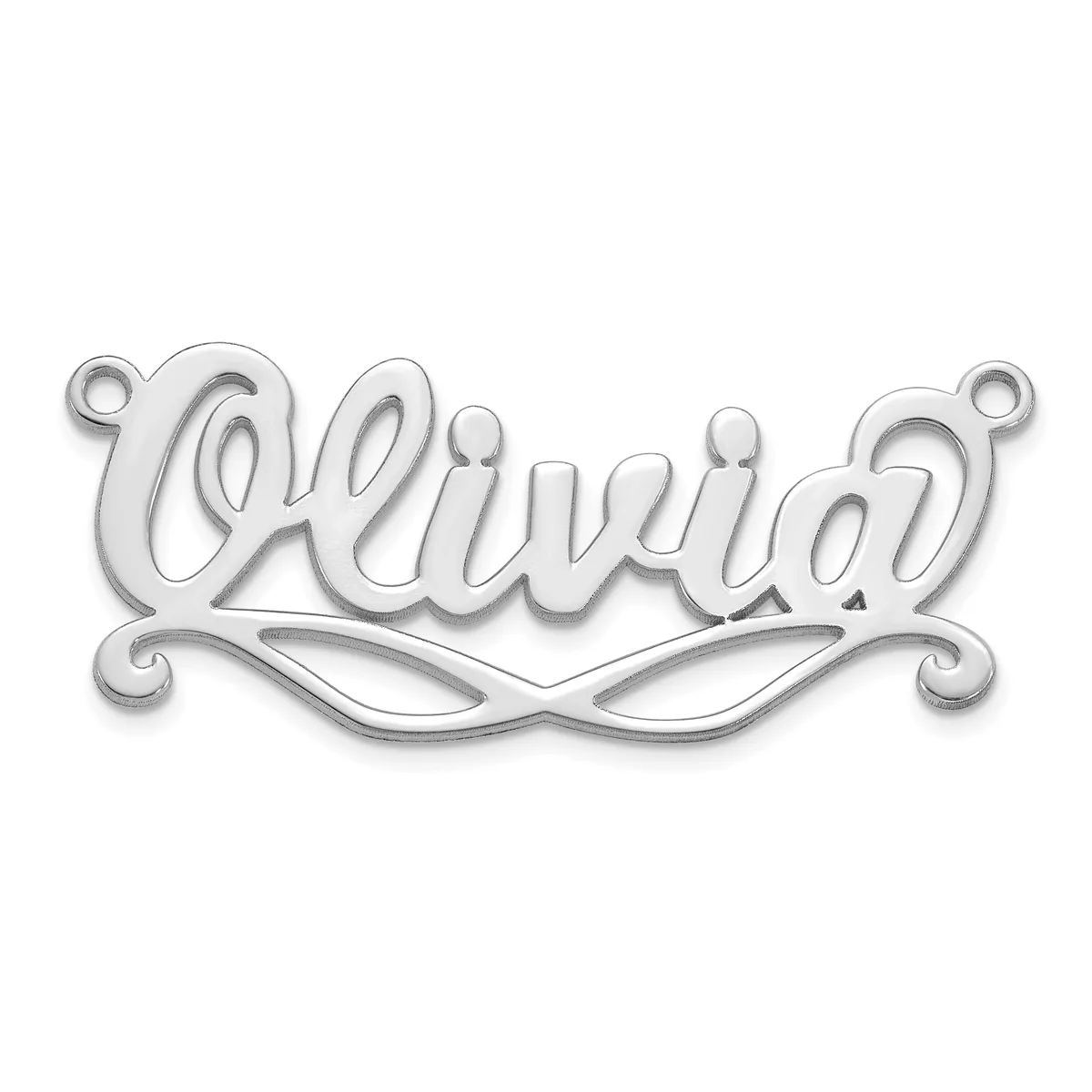 Silver-toned nameplate pendant with the name "Laural" in cursive script, featuring decorative scrollwork at the ends and an ornamental flourish beneath.