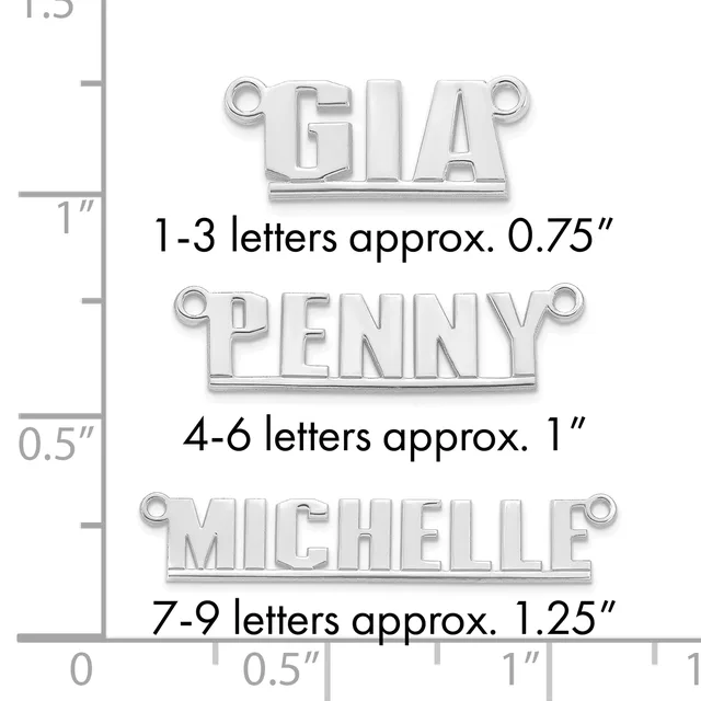 Three silver nameplate pendants shown at actual size with a ruler, displaying sizing for 1-3 letters at 0.75 inches, 4-6 letters at 1 inch, and 7-9 letters at 1.25 inches.