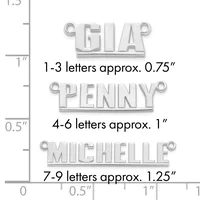 Three silver nameplate pendants shown at actual size with a ruler, displaying sizing for 1-3 letters at 0.75 inches, 4-6 letters at 1 inch, and 7-9 letters at 1.25 inches.