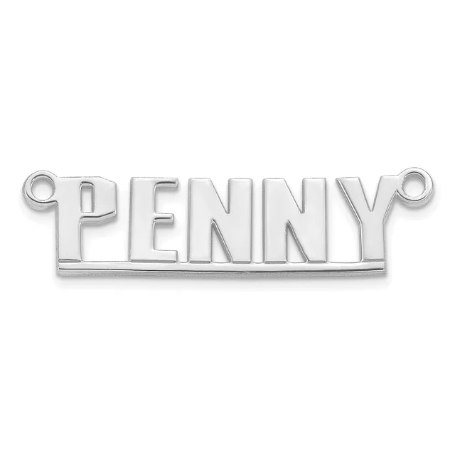 A silver-toned metal pendant charm with the word "PENNY" in capital letters, featuring small loop attachments on either end.