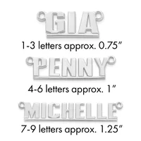 Three silver nameplate pendants showing size comparisons: Gia at 0.75 inches, Penny at 1 inch, and Michelle at 1.25 inches, each with two loops for attachment.