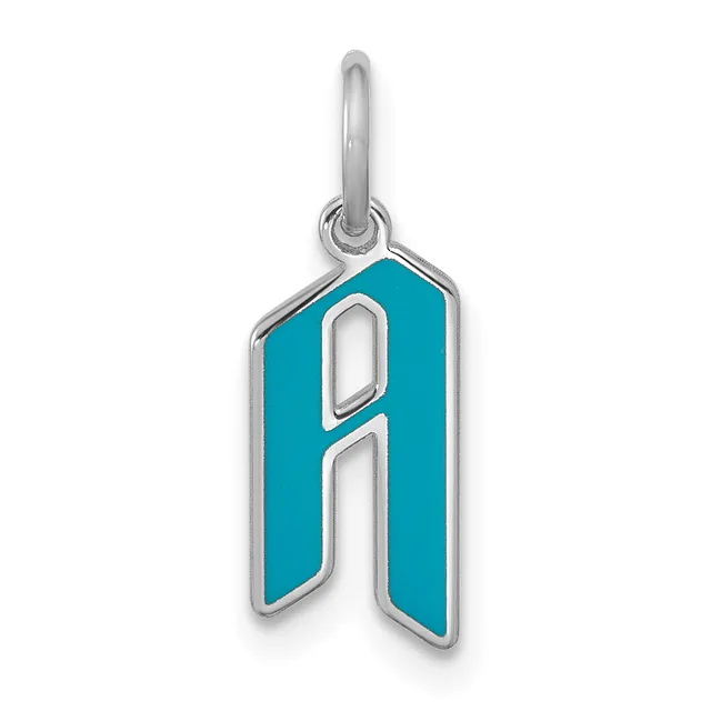 Silver pendant charm with a turquoise enamel rectangular body and cutout letter "A" design, suspended from a silver bail loop.
