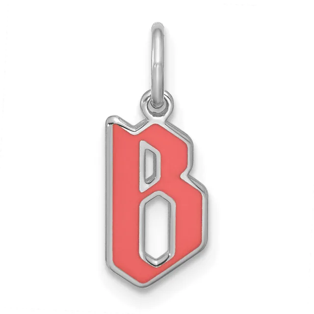 A silver charm pendant with a red enameled letter B and a silver bail loop at the top.