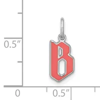 A red enamel pendant with a silver-outlined letter B hanging from a silver loop, shown next to a ruler indicating its size is approximately 0.5 inches.