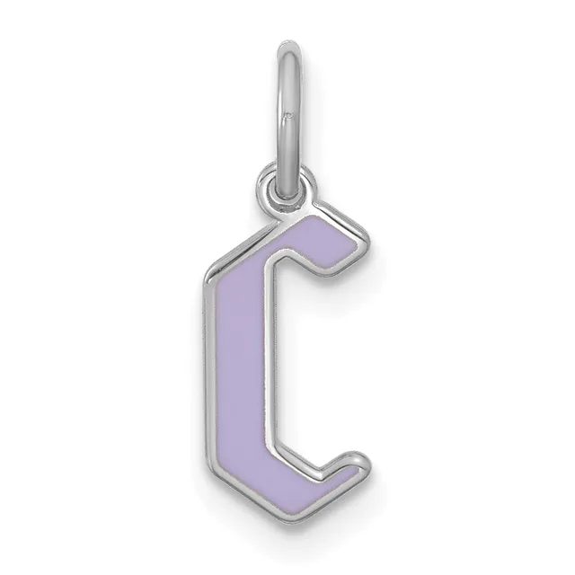 Silver charm pendant with a purple enamel letter "c" outlined in silver metal with a loop at the top for attaching to a chain.