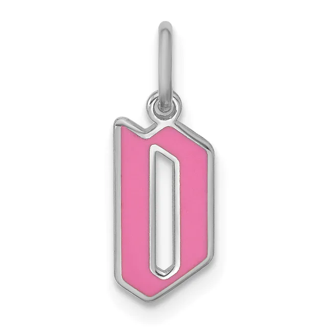 A silver pendant charm with a pink enameled hexagonal shield shape featuring a hollow vertical rectangular cutout in the center, suspended from a silver bail.