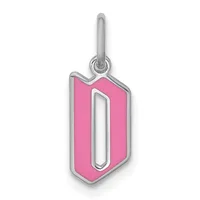 A silver pendant charm with a pink enameled hexagonal shield shape featuring a hollow vertical rectangular cutout in the center, suspended from a silver bail.
