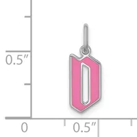 Pink enamel charm pendant with silver-tone metal border and oval cutout detail, shown next to a measurement scale indicating approximately 0.5 inches in height.