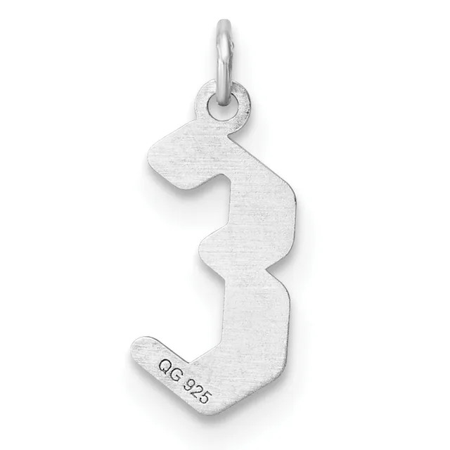 Sterling silver charm in the shape of the number three with a small stamped hallmark on the lower left and a loop at the top for attaching to a chain.