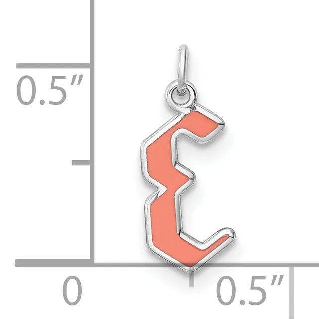 A silver charm pendant with coral red enamel fill in a stylized bear shape, shown next to a measurement scale indicating approximately 0.5 inches in height.