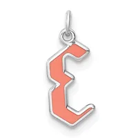Silver pendant with coral red enamel in the shape of the letter E, suspended from a small loop bail.