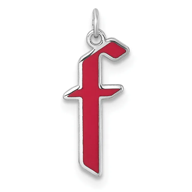 A silver cross pendant with a red enamel fill and a small loop at the top for hanging.