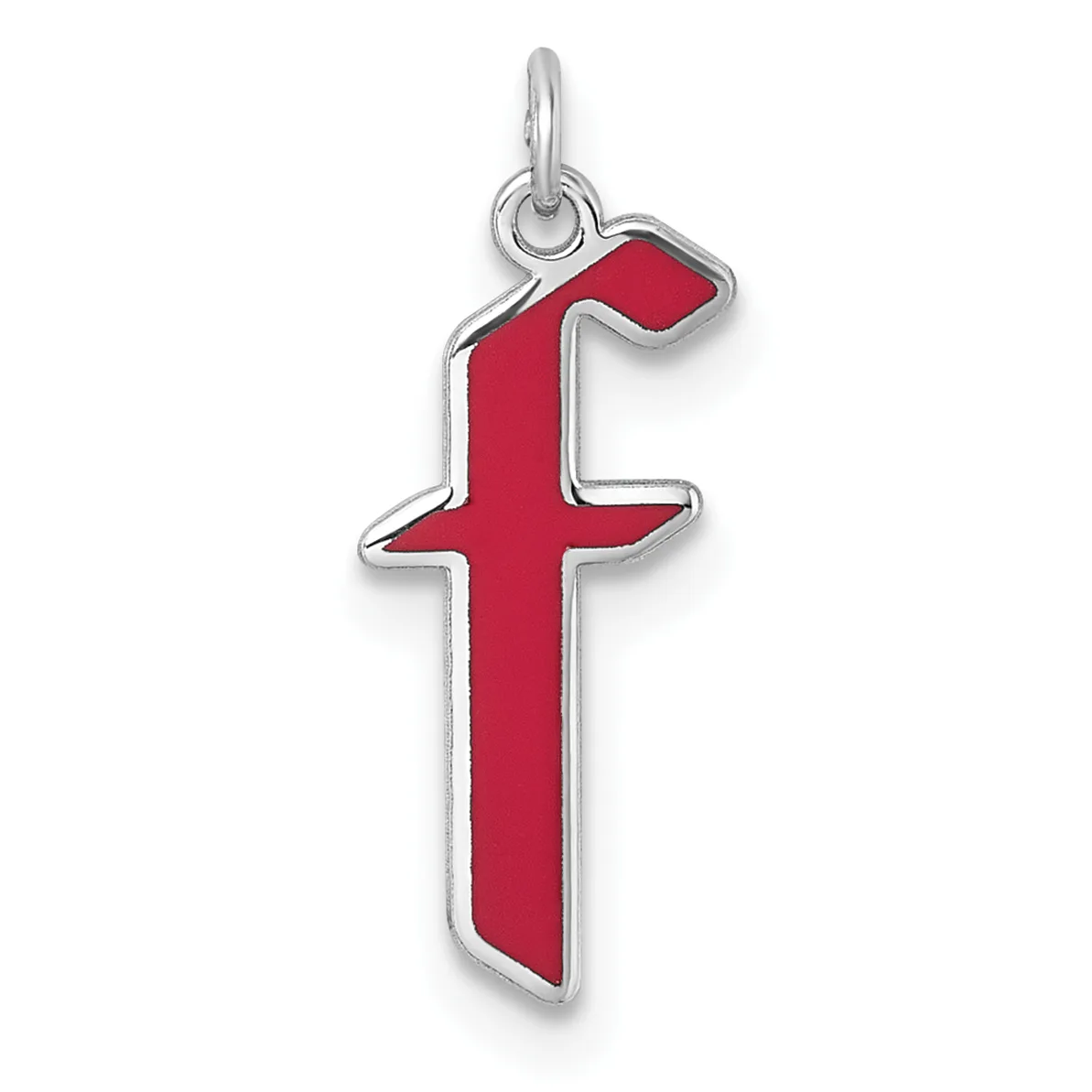 A silver cross pendant with a red enamel fill and a small loop at the top for hanging.